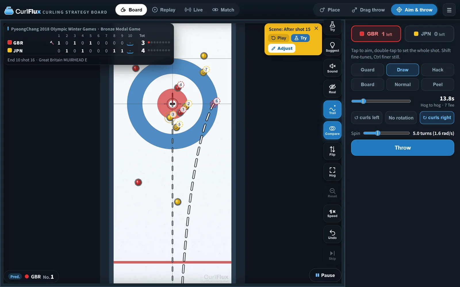 The Aim & throw panel: choose the target (broom), weight and turn, then throw