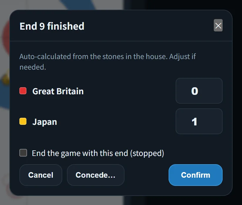 The Finish end dialog, which counts the score from the stones in the house before you confirm it