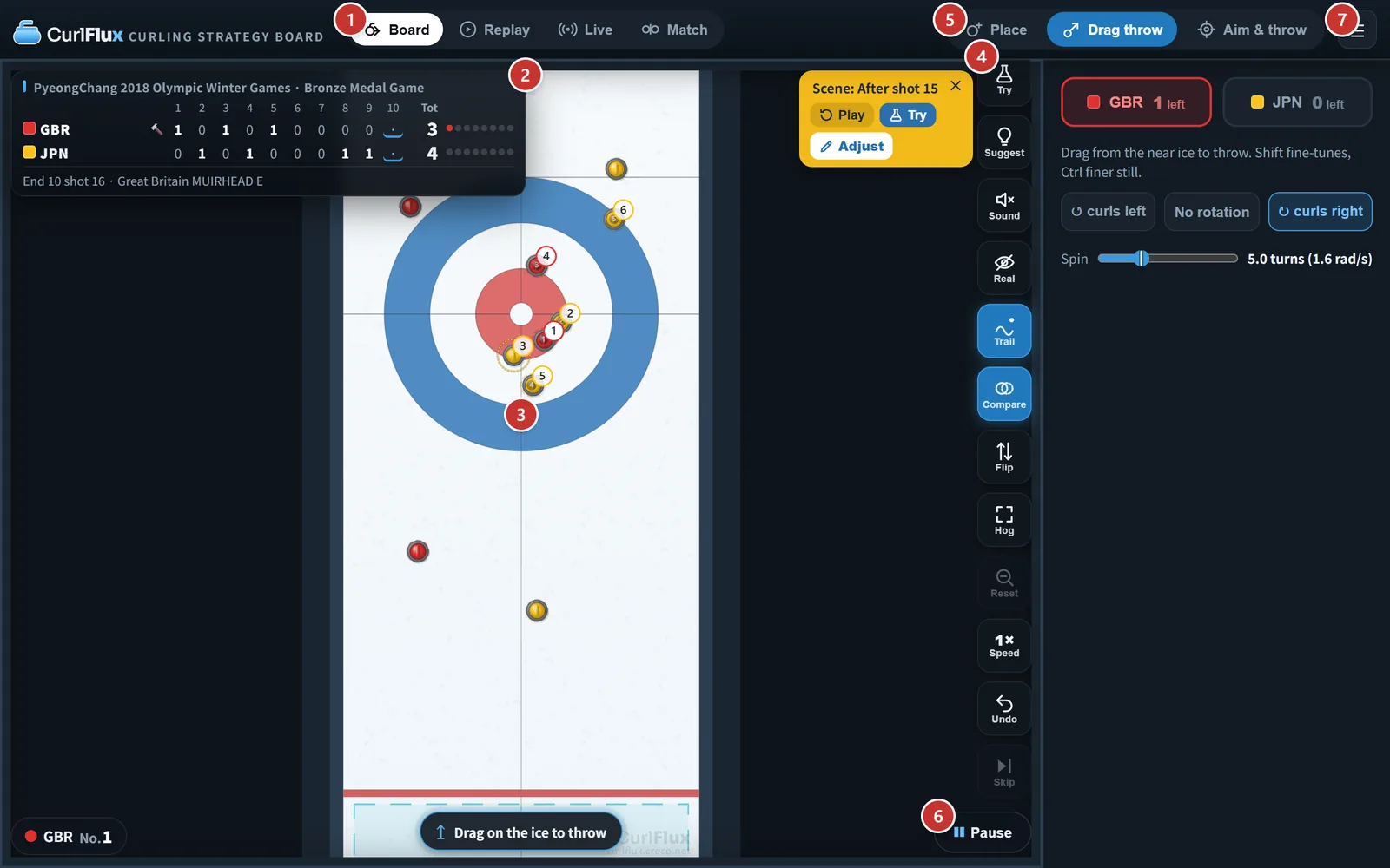 The whole CurlFlux screen: 1 mode switch, 2 scoreboard, 3 sheet, 4 button column, 5 control panel, 6 playback bar, 7 menu