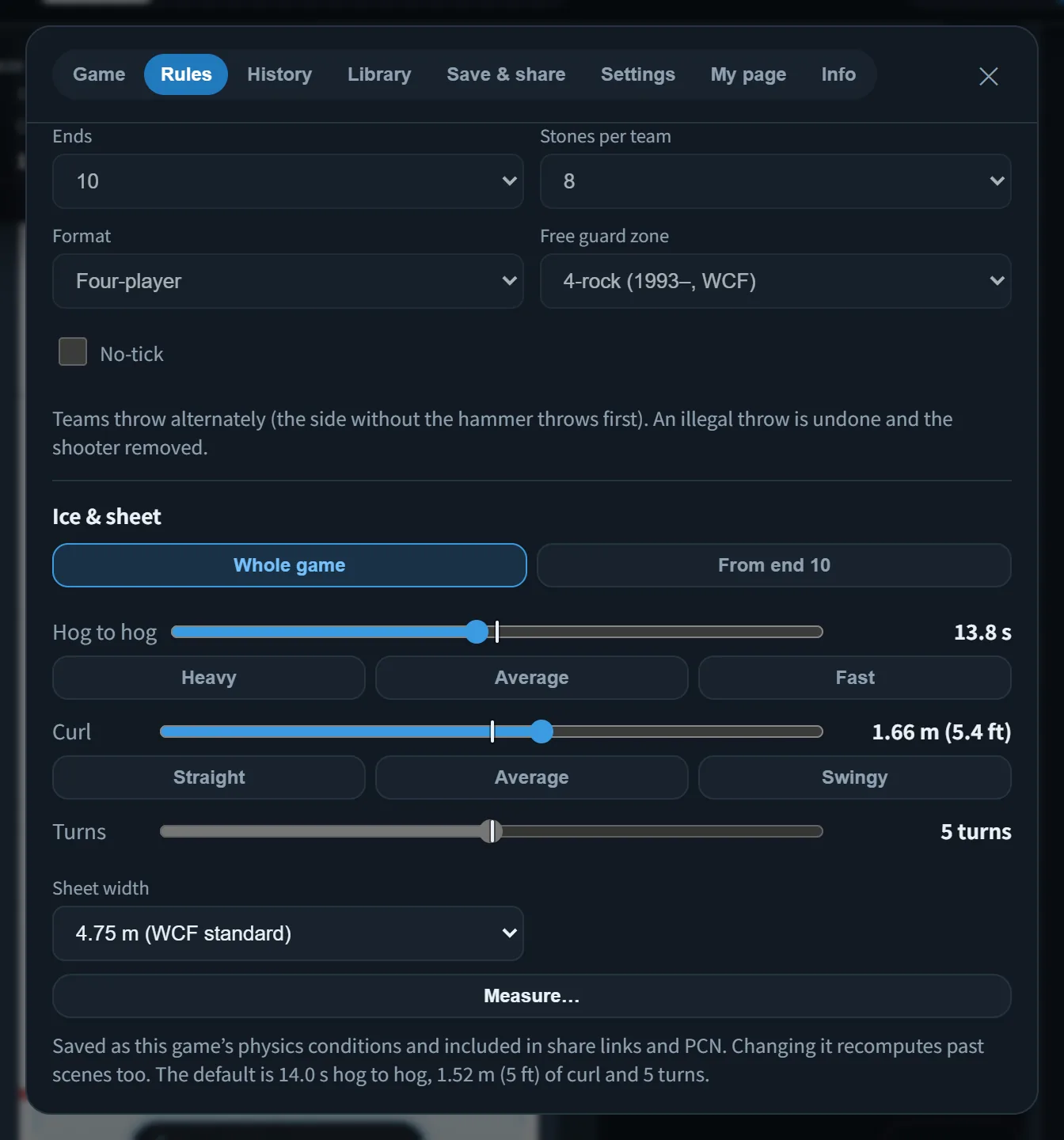 The Rules tab of the menu: format, free guard zone, no-tick rule and ice conditions