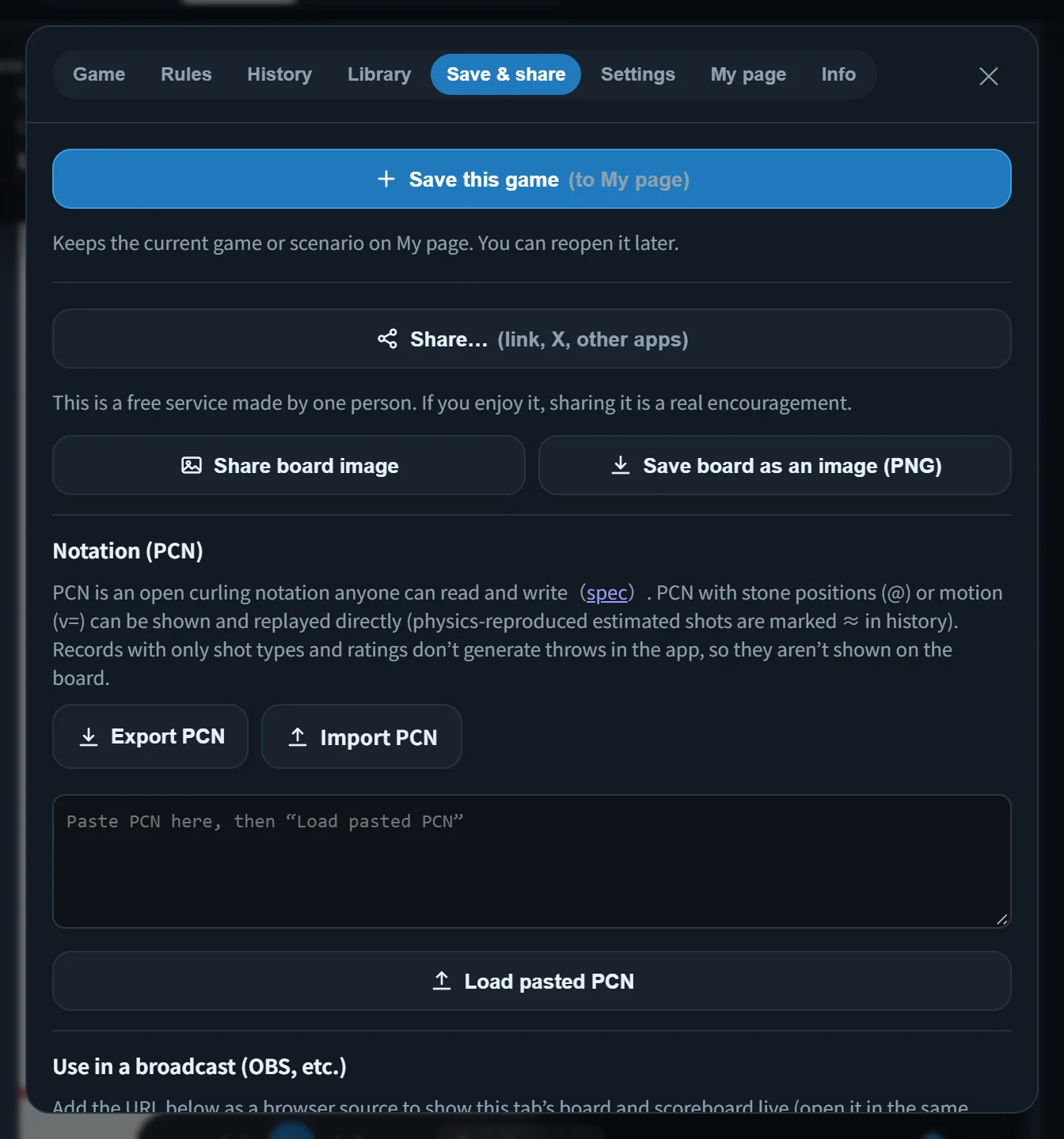 The Save & share tab of the menu: link, image, notation file and broadcast view