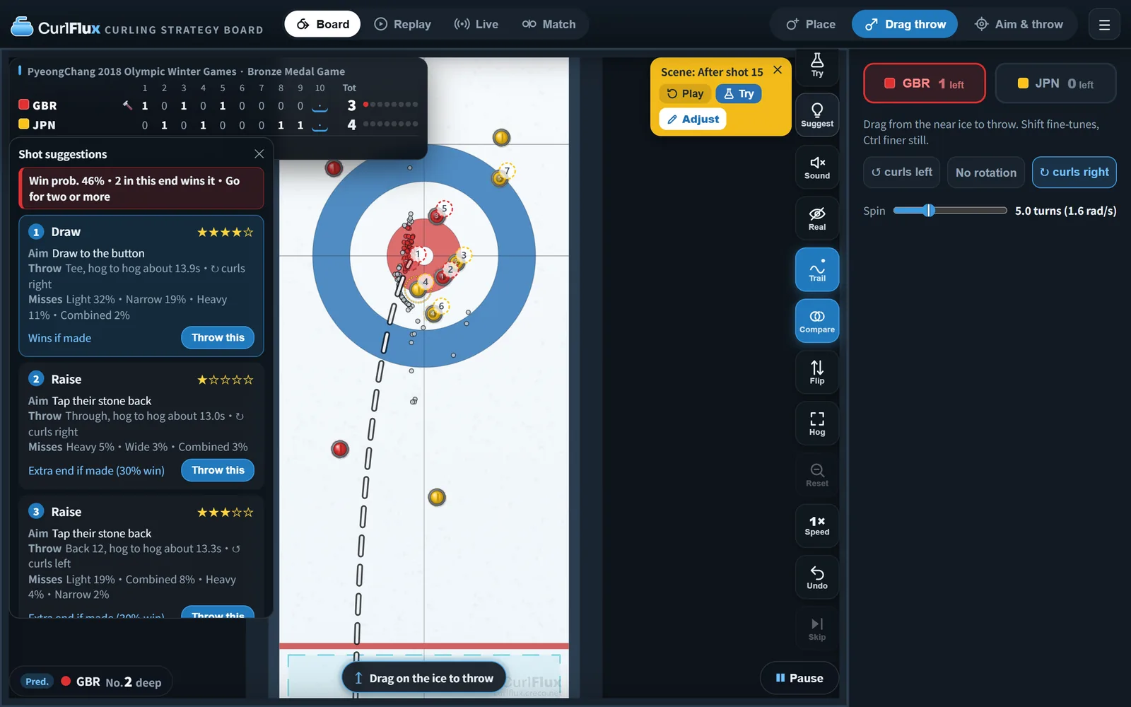 The Suggest panel: the win probability for the position, the goal for this end, and candidate shots with difficulty stars