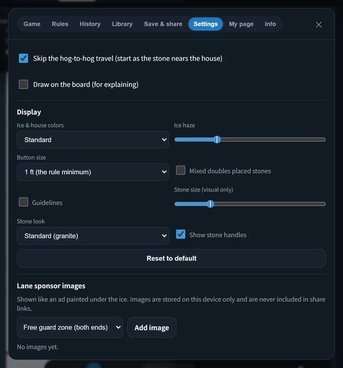 The Settings tab of the menu: ice and house colours, button size, stone style and more