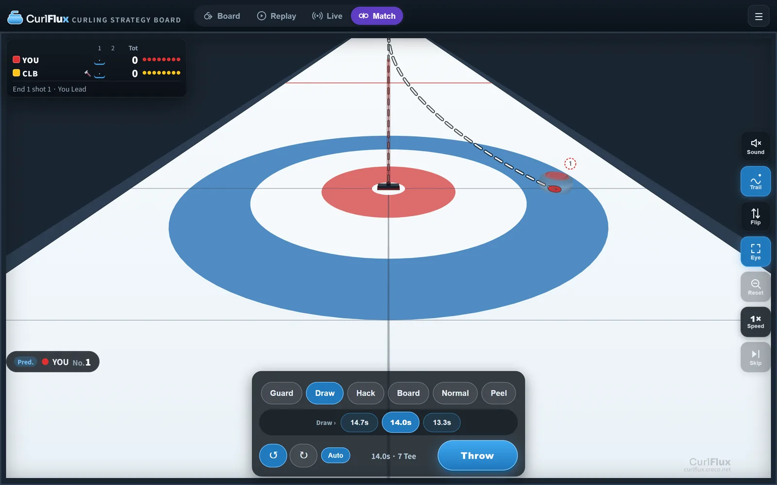 Your turn in Match mode: the skip's view of the sheet, with the panel below showing weight tiers, seconds, turn and the Throw button